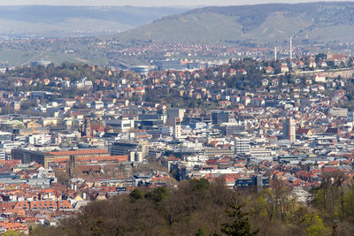High angle shot of townscape against sky