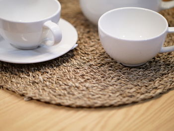 High angle view of coffee cup on table