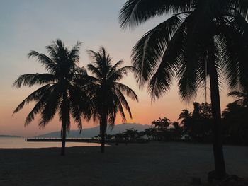 Silhouette palm trees by swimming pool against sky during sunset