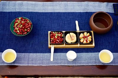 High angle view of breakfast served on table