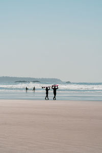 People on beach against clear sky