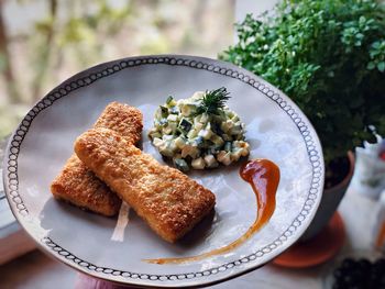 High angle view of breakfast served in plate
