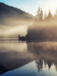 Scenic view of lake against sky during foggy weather