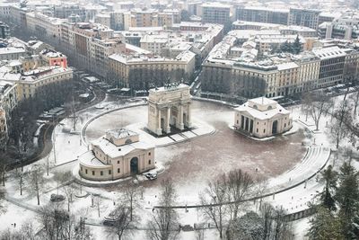 High angle view of cityscape during winter