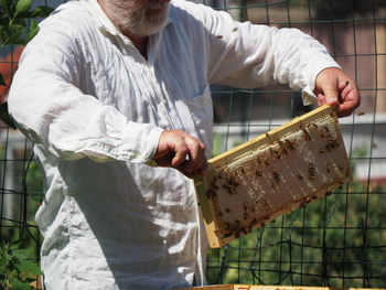 Midsection of man holding insect