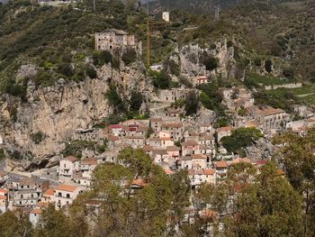 High angle view of houses in town