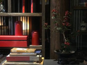 Close-up of red flower on book