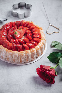 High angle view of strawberries on table