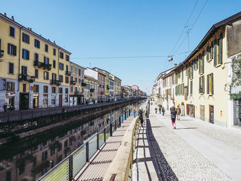 Railroad tracks amidst buildings in city against clear sky