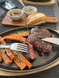 High angle view of seafood served in plate on table