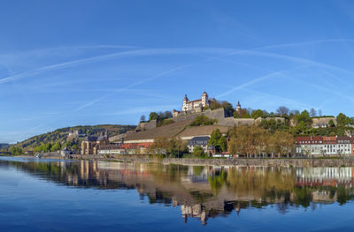 Reflection of building in lake against blue sky