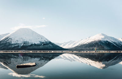 Snowcapped mountains reflecting on calm lake