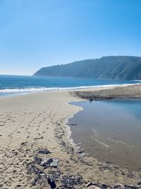 Scenic view of beach against clear blue sky