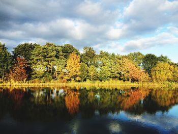 Reflection of trees in lake against cloudy sky