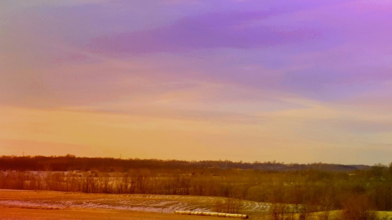 tranquil scene, tranquility, scenics, sky, sunset, beauty in nature, tree, landscape, nature, cloud - sky, field, idyllic, non-urban scene, cloud, outdoors, water, no people, orange color, lake, growth