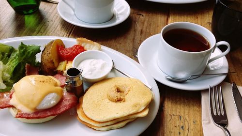 High angle view of breakfast served on table