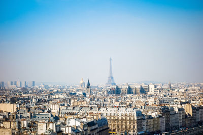 High angle shot of cityscape against clear sky