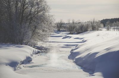 Snow covered landscape against sky