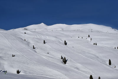 Scenic view of snowcapped mountains against clear sky