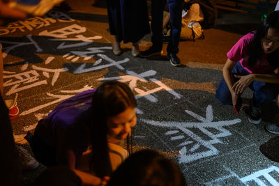 High angle view of people on street