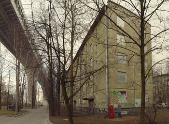 Bare trees by building in city against sky