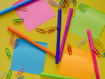 High angle view of multi colored pencils on table