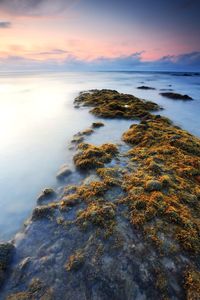 Scenic view of calm sea against cloudy sky