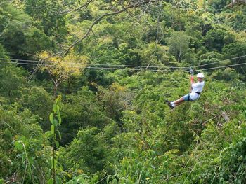 Man zip lining in forest