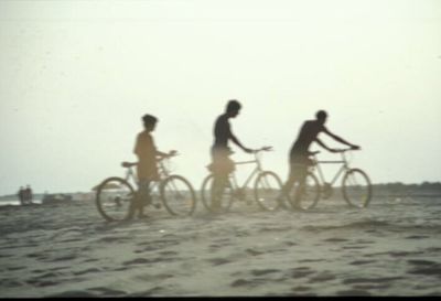 Silhouette of people riding bicycle on land