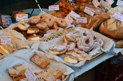 High angle view of sweet food for sale in bakery
