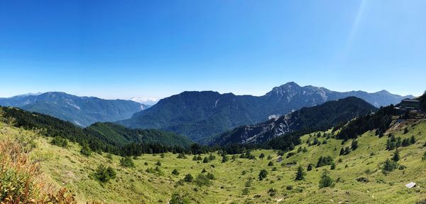 Scenic view of mountains against clear blue sky