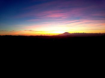 Silhouette landscape against dramatic sky during sunset