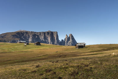 Built structure on field against clear sky