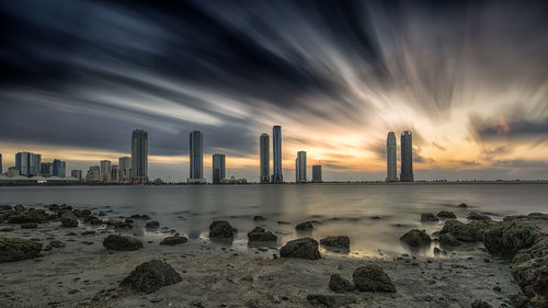 View of city at sunset