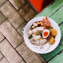 High angle view of food in plate on table