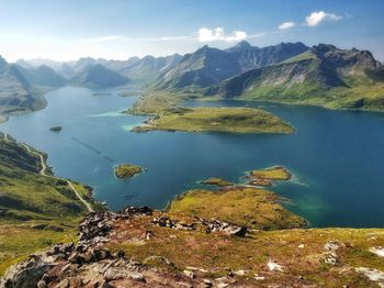 Scenic view of lake and mountains against sky