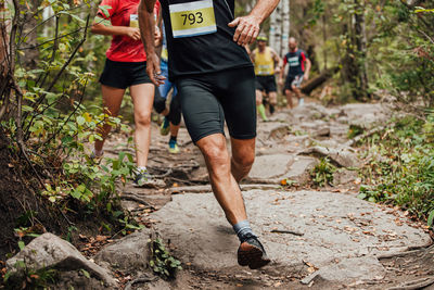 Low section of woman walking in forest