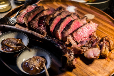 Close-up of food served on table