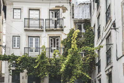 Classic old apartment building with balconies and some drying clothes in lisbon, portugal