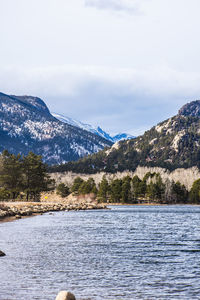 Scenic view of lake and snowcapped mountains against sky