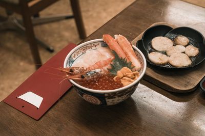High angle view of food in bowl on table