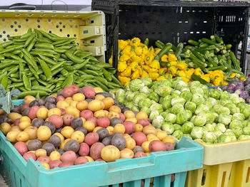 High angle view of vegetables for sale at market stall