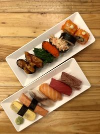 High angle view of sushi in plate on table