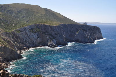 Scenic view of sea with mountains in background