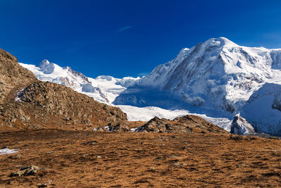 Scenic view of snow covered mountains against sky