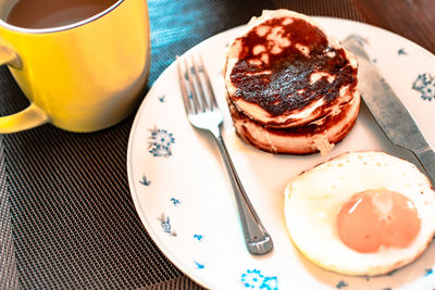 High angle view of breakfast served on table