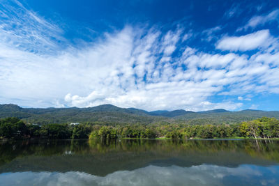 Scenic view of lake by trees against sky