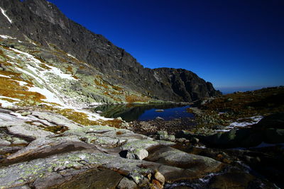 Scenic view of mountains against clear blue sky