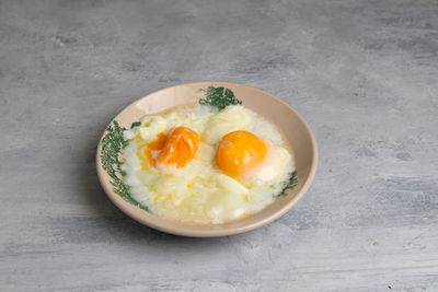 High angle view of breakfast served on table