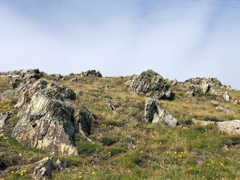 Rock formations on landscape against sky